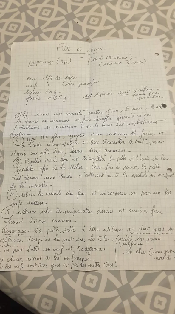Recette manuscrite pâte à choux